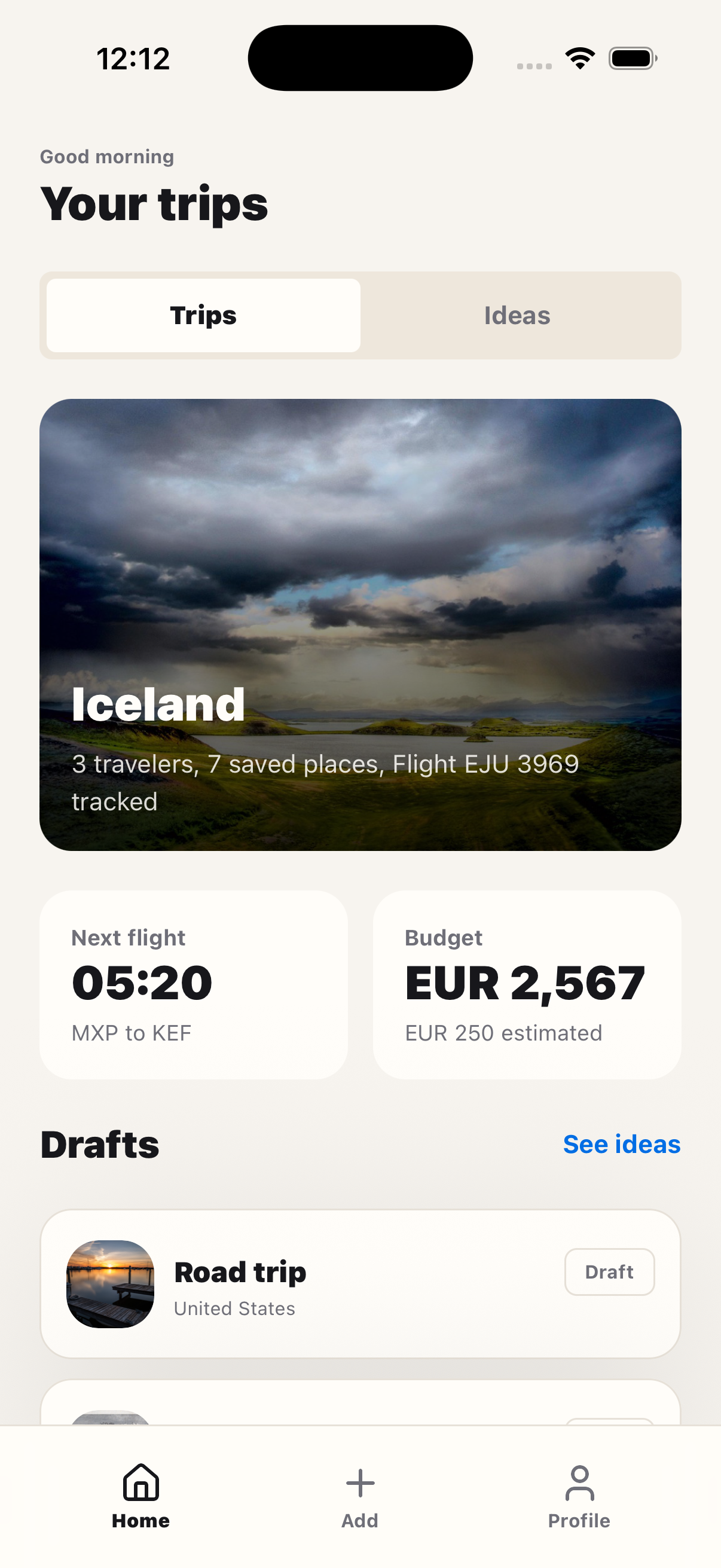 VayPath home screen showing trips, drafts, budget, and flight details