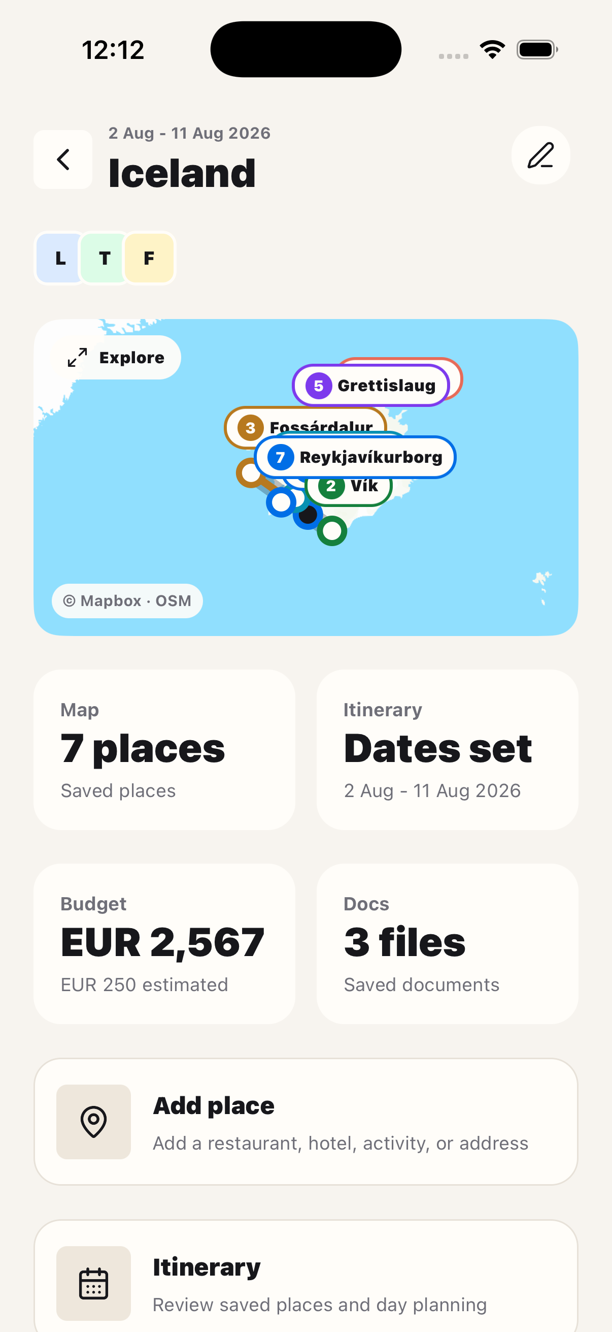 VayPath trip detail screen showing an Iceland map, saved places, budget, documents, and itinerary actions